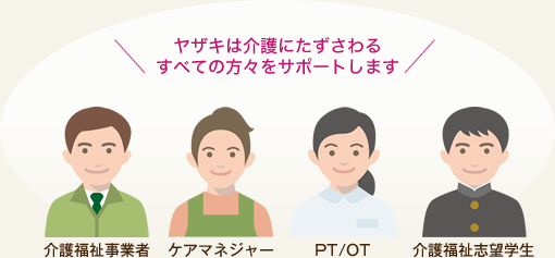 ヤザキは介護にたずさわるすべての方々をサポートします　介護福祉事業者　ケアマネジャー　PT/OT　介護福祉志望学生　