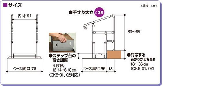 福袋セール】 あがりかまち用たちあっぷ ステップ台付 片手すり CKE-02 H80～85(手すり)18～36(あがりかまち)×W78×D56 その他 